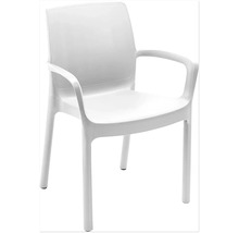 Stapelbarer Gartenstuhl aus Kunststoff mit Armlehnen in Weiß.