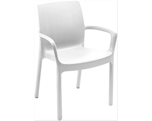 Stapelbarer Gartenstuhl aus Kunststoff mit Armlehnen in Weiß.