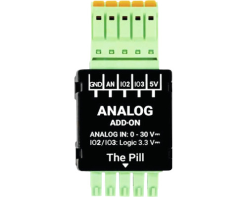 Analog Add-On Modul für das System The Pill mit Anschlussklemmen, 0 bis 30 Volt Analogeingang und 3,3 Volt Logik.