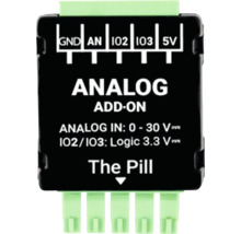 Analog-Add-On-Modul The Pill mit Anschlüssen für Masse, Analog-Eingang von 0 bis 30 Volt und Logikanschlüssen von 3,3 Volt.