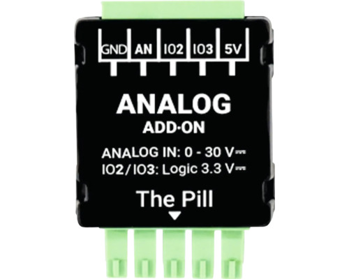 Analog-Add-On-Modul The Pill mit Anschlüssen für Masse, Analog-Eingang von 0 bis 30 Volt und Logikanschlüssen von 3,3 Volt.