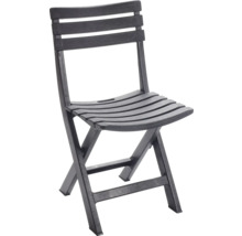 Klappbarer Gartenstuhl mit Lattenrückenlehne und Sitzfläche aus dunklem wetterfestem Material.
