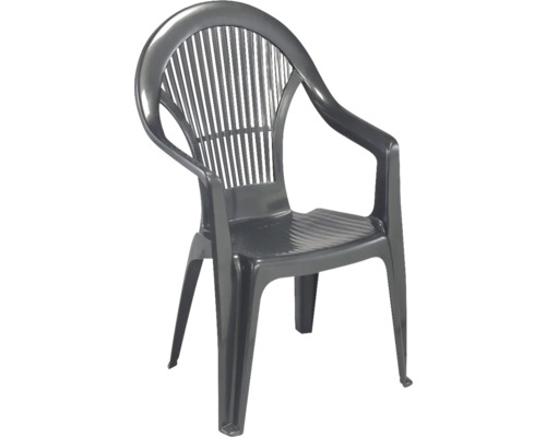 Stapelbarer Gartenstuhl aus Kunststoff mit hoher Rückenlehne in Anthrazit.