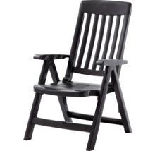 Klappbarer Gartenstuhl aus Kunststoff in Anthrazit mit Armlehnen und hoher Rückenlehne.