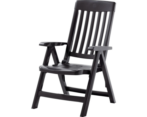Klappbarer Gartenstuhl aus Kunststoff in Anthrazit mit Armlehnen und hoher Rückenlehne.