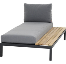 Garten-Lounge-Modul mit grauen Polstern, schwarzem Metallgestell und integriertem Holztisch.