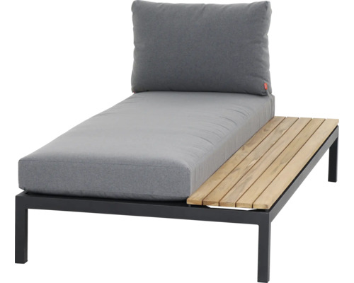 Garten-Lounge-Modul mit grauen Polstern, schwarzem Metallgestell und integriertem Holztisch.