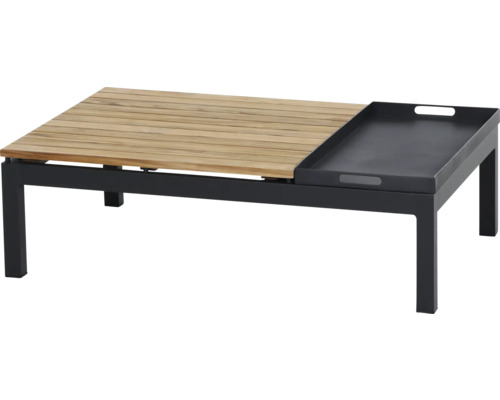 Loungetisch mit schwarzem Metallgestell, Tischplatte aus hellen Holzlatten und integriertem schwarzem Tablett mit Griffen.