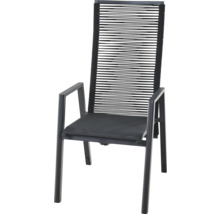 Anthrazitfarbener Stapelsessel mit Aluminiumgestell und Seilbespannung an der Rückenlehne von Siena Garden.