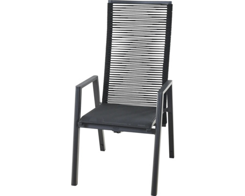 Anthrazitfarbener Stapelsessel mit Aluminiumgestell und Seilbespannung an der Rückenlehne von Siena Garden.