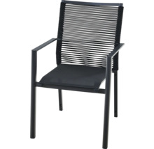 Schwarzer Gartenstuhl mit Armlehnen, Gestell aus Metall, Rückenlehne aus Seilgeflecht, Sitzfläche aus Textilene.