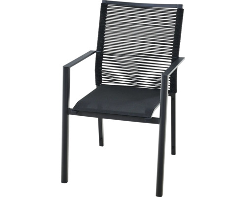 Schwarzer Gartenstuhl mit Armlehnen, Gestell aus Metall, Rückenlehne aus Seilgeflecht, Sitzfläche aus Textilene.