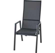 Gartenstuhl mit hoher Rückenlehne, Armlehnen, Metallgestell und Textilbespannung.