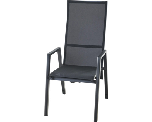 Gartenstuhl mit hoher Rückenlehne, Armlehnen, Metallgestell und Textilbespannung.