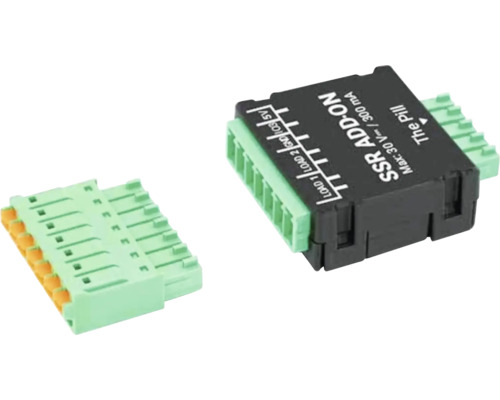 Solid-State-Relais-Modul The Pill für die Hausautomatisierung mit Anschlussklemmen, maximale Belastung 30 Volt und 300 Milliampere.