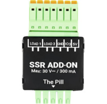 SSR Add-on Modul für The Pill mit Anschlüssen für Load 1, Load 2, GND, IO3 und 5 Volt. Maximal 30 Volt Gleichstrom und 300 Milliampere.