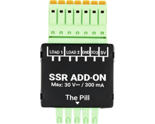 SSR Add-on Modul für The Pill mit Anschlüssen für Load 1, Load 2, GND, IO3 und 5 Volt. Maximal 30 Volt Gleichstrom und 300 Milliampere.