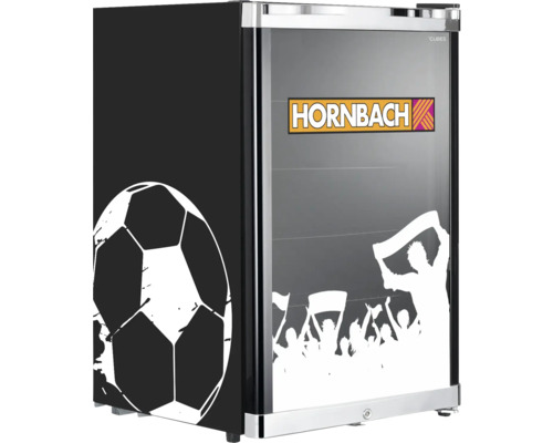 Dekorativer Minikühlschrank mit Fußball- und Fandesign sowie Hornbach Logo