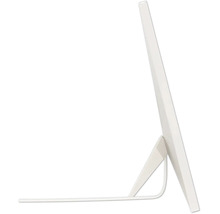 Seitenansicht eines flachen Konvektors mit Standfuß und Kabel.