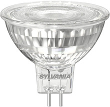 Sylvania LED Reflektorlampe GU5.3 mit facettiertem Glasgehäuse und zwei Anschlussstiften. Sylvania Logo.
