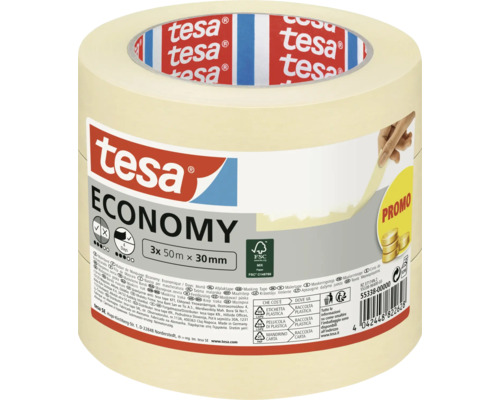 Tesa Economy Malerkrepp Klebeband 3 Rollen mit je 50 Meter mal 30 Millimeter
