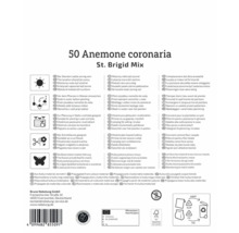 Verpackung mit Informationen zu Anemone coronaria St. Brigid Mix Blumenzwiebeln, Pflanzhinweisen und Logos für Nachhaltigkeit