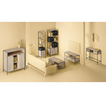 Wohnzimmer mit Sofa, Couchtisch, Sideboard, Konsole und Regalen im modernen Design