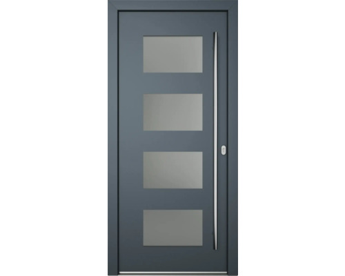 Moderne Haustür mit vier rechteckigen Glaseinsätzen und einem länglichen Türgriff aus Metall