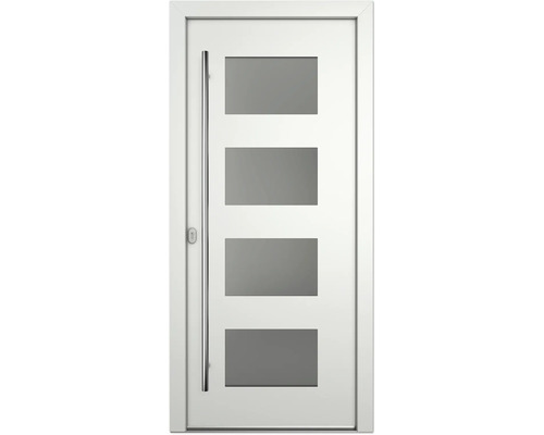 Weiße Innentür mit vier rechteckigen Glaseinsätzen und einem länglichen Griff.