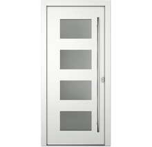 Weiße Haustür mit vier rechteckigen Glaseinsätzen und Edelstahlgriff