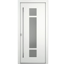 Weiße Haustür mit Glaseinsätzen und Griffstange