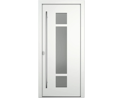 Weiße Haustür mit Glaseinsätzen und Griffstange