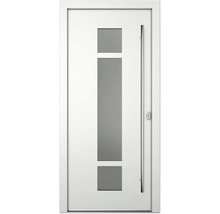 Weiße Haustür mit Glaseinsätzen und Edelstahlgriff