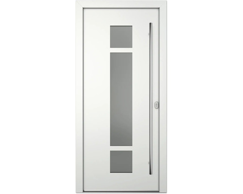 Weiße Haustür mit Glaseinsätzen und Edelstahlgriff