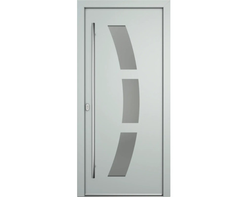 Moderne Haustür mit Edelstahlgriff und Glasausschnitten