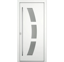 Weiße Haustür mit drei Glaseinsätzen und Stangengriff