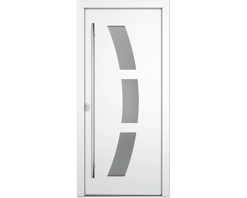 Weiße Haustür mit drei Glaseinsätzen und Stangengriff