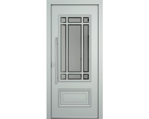 Weiße Haustür mit Glaseinsatz, Griff und Schloss