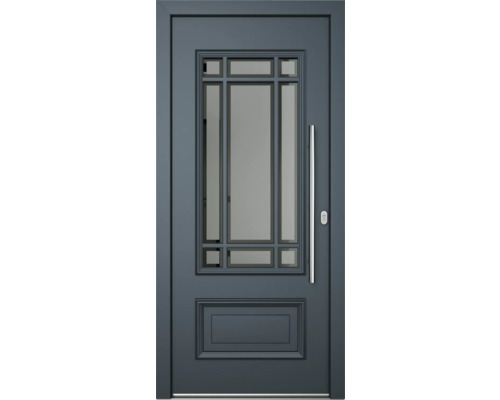 Graue Haustür mit Glaseinsatz und Edelstahlgriff