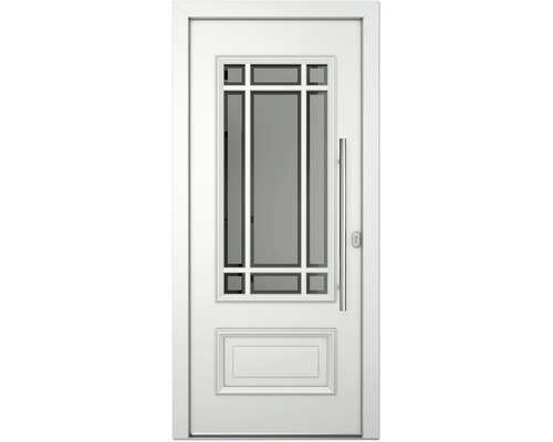 Weiße Haustür mit Glaseinsatz und Edelstahlgriff