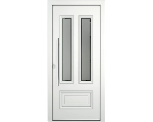 Weiße Tür mit zwei Glasausschnitten und Griff