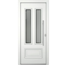 Weiße Haustür mit zwei rechteckigen Glaseinsätzen und einem länglichen Türgriff