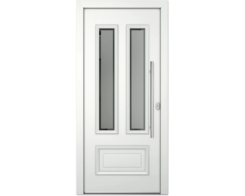 Weiße Haustür mit zwei rechteckigen Glaseinsätzen und einem länglichen Türgriff