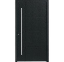 Dunkle Haustür mit senkrechtem Griff und horizontalen Zierlinien