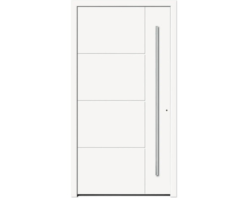 Moderne Haustür mit Edelstahlgriff und vier rechteckigen Feldern