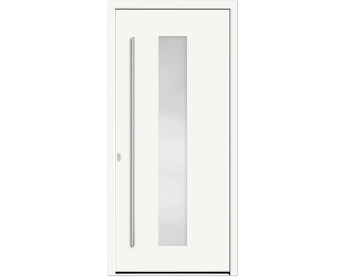 Weiße Haustür mit Glasausschnitt und Griff