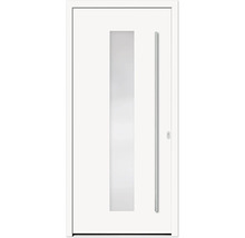 Weiße Haustür mit Glasausschnitt und Stangengriff