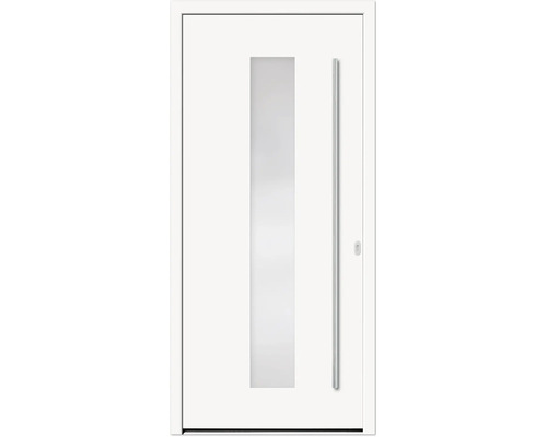 Weiße Haustür mit Glasausschnitt und Stangengriff