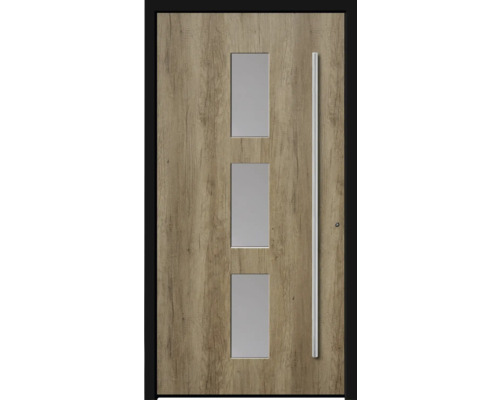 Haustür Genial Modell 109 1000x2100 mm mountain oak DIN rechts Haustür mit Holzmusterung, drei rechteckigen Glaseinsätzen und einem vertikalen Griff