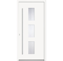 Weiße Haustür mit drei Glasausschnitten und Edelstahlgriff